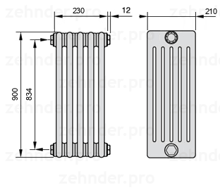Схема (чертеж) Радиатор Zehnder Charleston 6090/5 №1270 Белый глянцевый RAL 9016